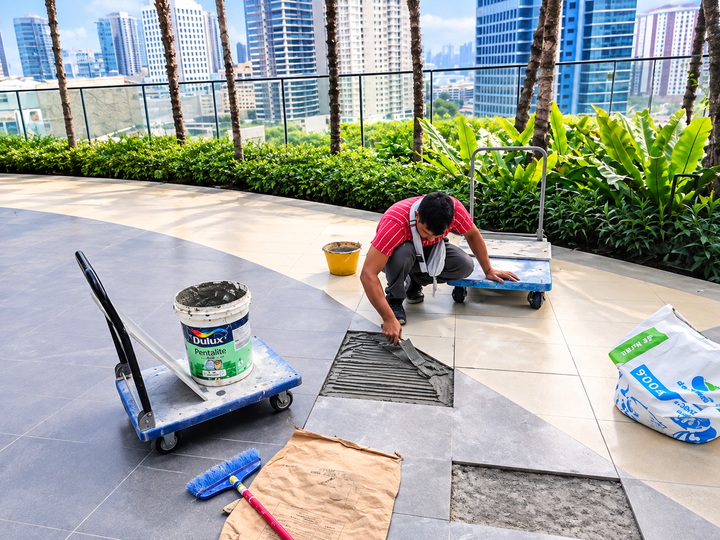 Rooftop Tile Repair with City Skyline